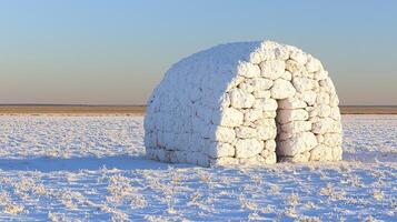 A stone structure in the middle of a snowy field photo