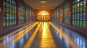 A hallway with sunlight shining through the windows photo
