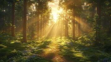 A path through a forest with sunbeams shining down photo