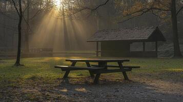 A picnic table in a park with sun rays shining through the trees photo