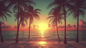 Palm trees on the beach at sunset photo