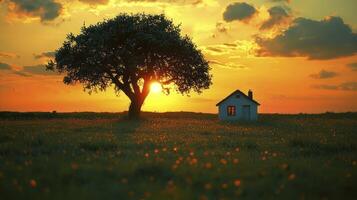 A small house sits in a field with a tree in the background photo