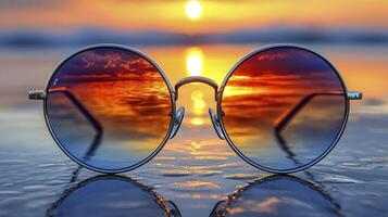 Sunglasses with the sun setting in the background photo