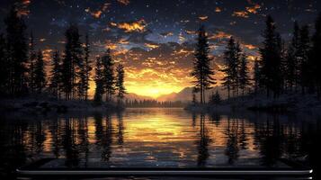 A smartphone with a lake and trees in the background photo