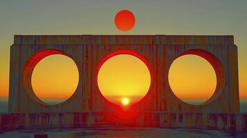 The sun is setting over a large circular structure photo