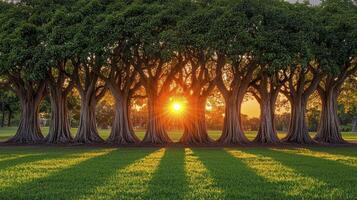 A group of trees with the sun setting behind them photo