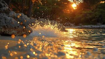 A beach with water splashing into the air photo