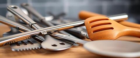 bunch of kitchen utensils sitting on a table photo