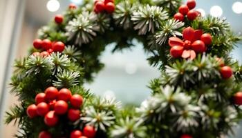 close up of a christmas wreath with red berries photo