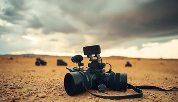 camera sitting in the middle of a desert photo