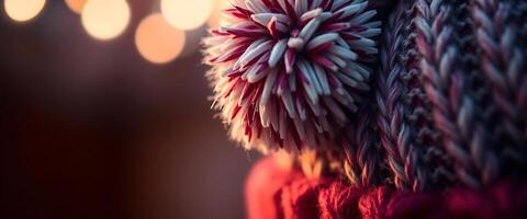 close up of a knitted object with lights in the background photo