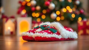 pair of red slippers sitting on top of a wooden table photo