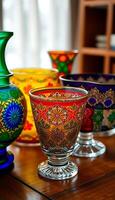 group of colorful vases sitting on top of a wooden table photo