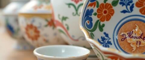 close up of a bowl and a cup on a table photo