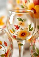close up of a wine glass with flowers painted on it photo