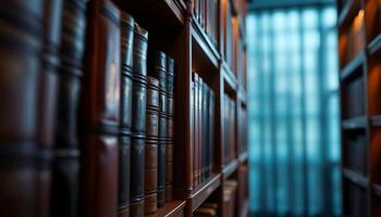 row of wooden bookshelves in a library photo