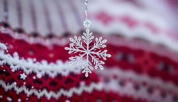 snowflake hanging from a string on a red and white blanket photo