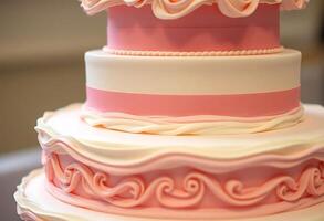 three tiered cake with pink and white frosting photo