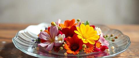 glass plate with a bunch of flowers on it photo