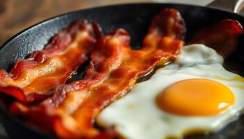 frying pan filled with bacon and an egg photo