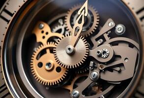 close up of a watch face with a gold and black clock face photo