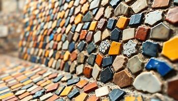 close up of a bench made out of colorful tiles photo