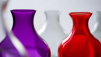 three different colored vases sitting next to each other photo