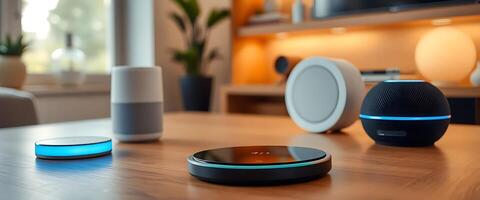 table with a smart device and speakers on it photo