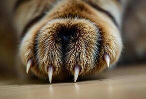 close up of a dog's paw with long, sharp teeth photo