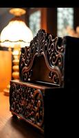 close up of a wooden table with a lamp in the background photo