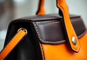 close up of a brown and orange purse photo