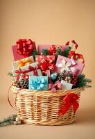 basket filled with lots of presents on top of a table photo