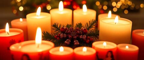 bunch of lit candles sitting on top of a table photo