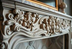 close up of a fireplace with a mirror in the background photo