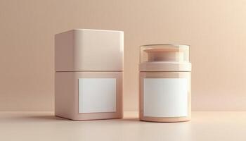 Two empty cosmetic containers with a white label on the top photo