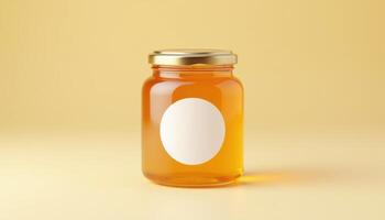 A jar of honey on a yellow background photo