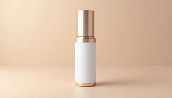 A white and gold cosmetic bottle on a beige background photo