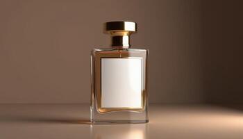 A bottle of perfume on a table with a light photo