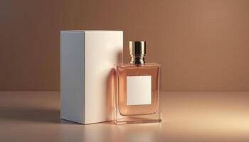 3d mockup of perfume bottle with box on brown background photo