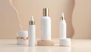 White cosmetic bottles with gold lids on a beige background photo