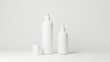 Three white plastic bottles on a white surface photo