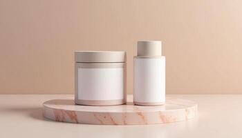 Two empty cosmetic bottles on a marble stand photo