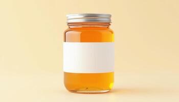 Modern Glass Jar with Honey on Bright Yellow Background photo