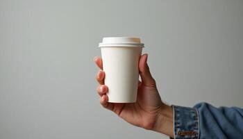 A person holding a white paper cup with a lid photo