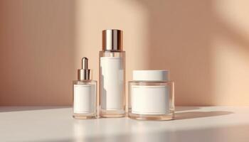 Three empty cosmetic bottles on a table photo