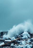 large wave crashing over a pile of debris photo