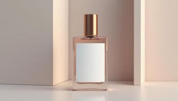A perfume bottle with a white label on it photo
