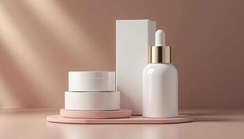 White cosmetic products on a pink stand with a box photo