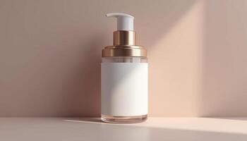 A white cosmetic bottle with a pump on a table photo
