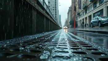 wet city street with rain falling on it photo